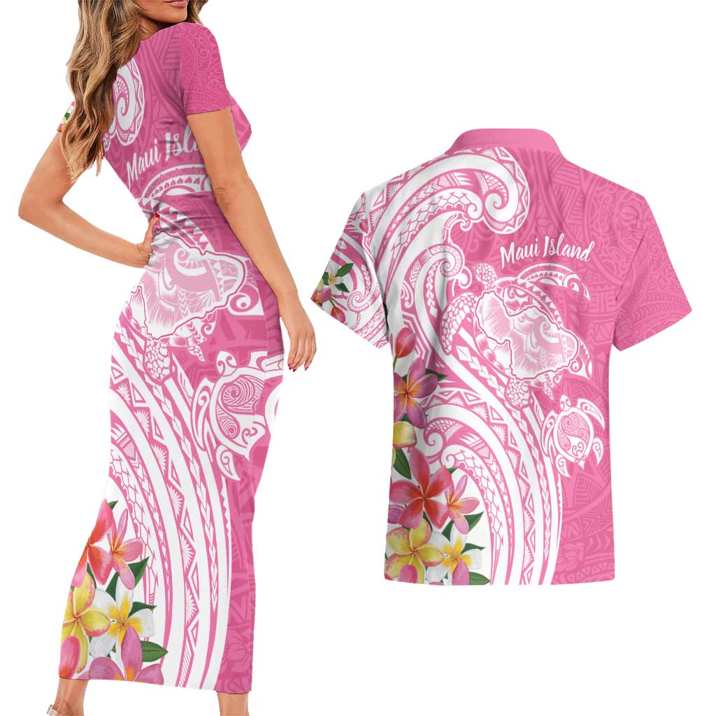 Aloha Maui Island Personalized Couples Matching Short Sleeve Bodycon Dress and Hawaiian Shirt Rose Dreamy Turtle