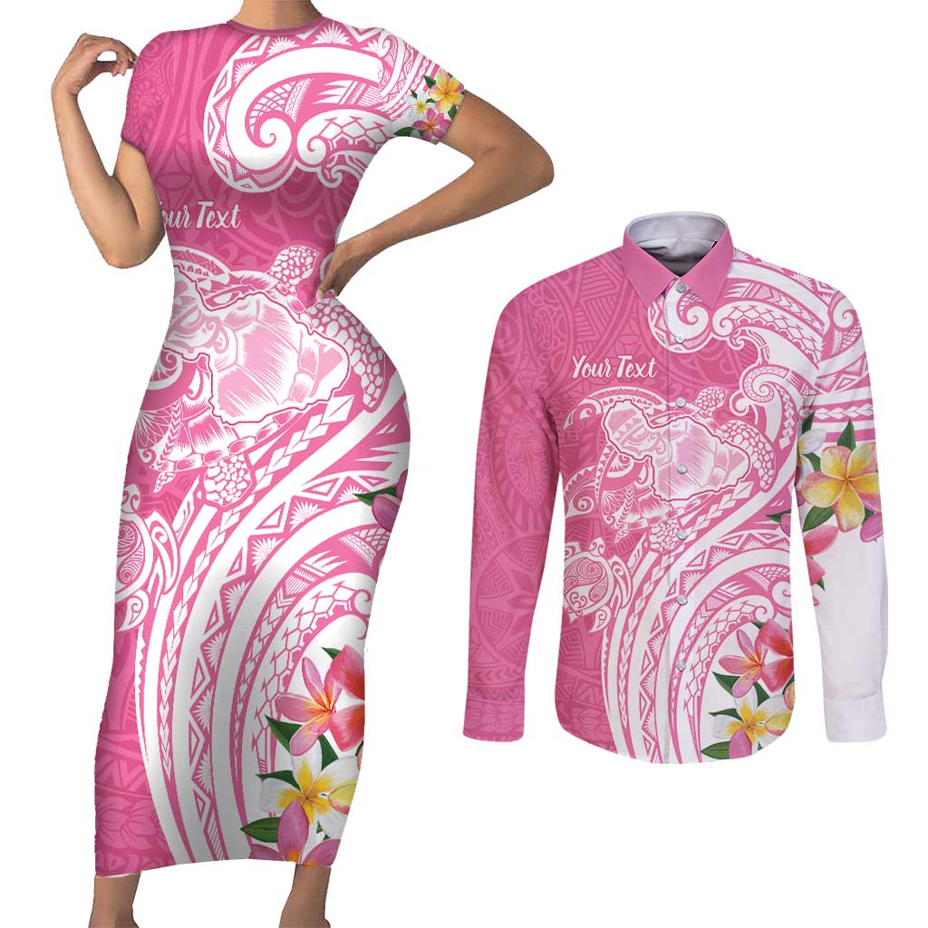Aloha Maui Island Personalized Couples Matching Short Sleeve Bodycon Dress and Long Sleeve Button Shirt Rose Dreamy Turtle