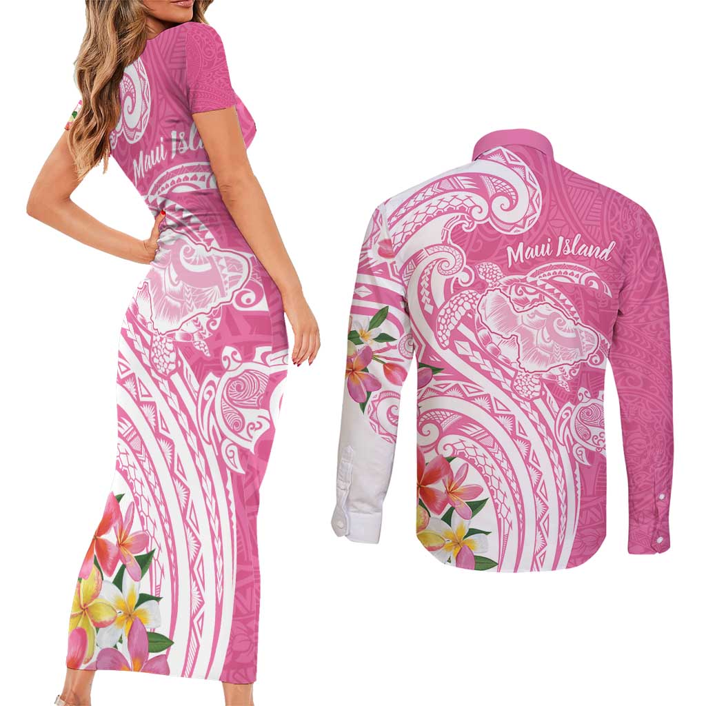 Aloha Maui Island Personalized Couples Matching Short Sleeve Bodycon Dress and Long Sleeve Button Shirt Rose Dreamy Turtle