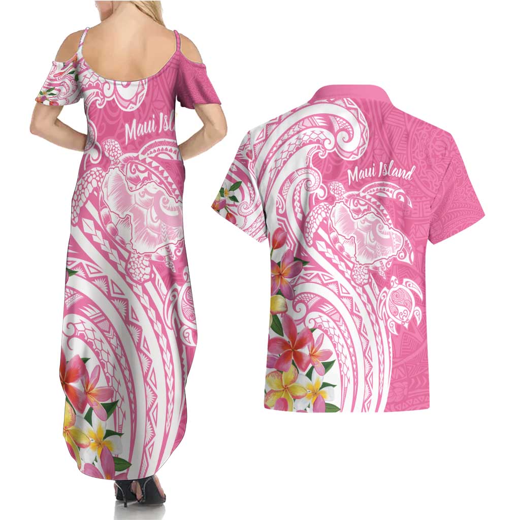 Aloha Maui Island Personalized Couples Matching Summer Maxi Dress and Hawaiian Shirt Rose Dreamy Turtle