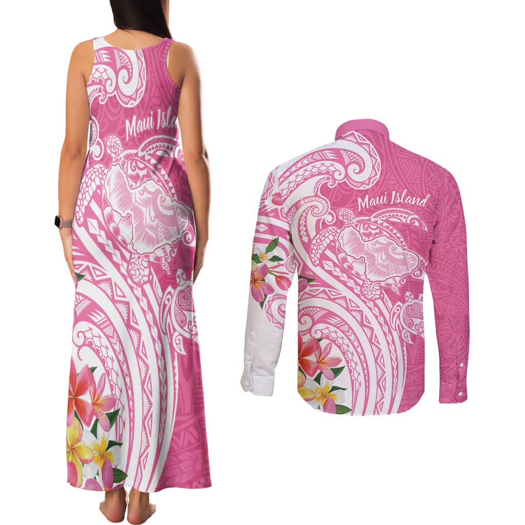 Aloha Maui Island Personalized Couples Matching Tank Maxi Dress and Long Sleeve Button Shirt Rose Dreamy Turtle