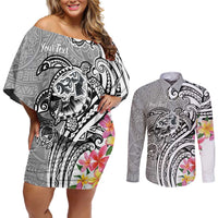 Aloha Kahoolawe Island Personalized Couples Matching Off Shoulder Short Dress and Long Sleeve Button Shirt Ashen Dreamy Turtle