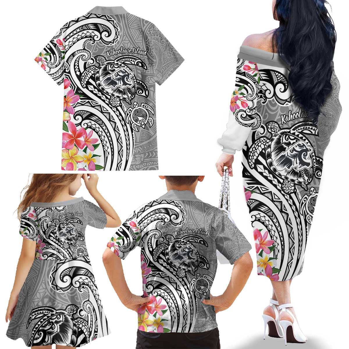 Aloha Kahoolawe Island Personalized Family Matching Off The Shoulder Long Sleeve Dress and Hawaiian Shirt Ashen Dreamy Turtle