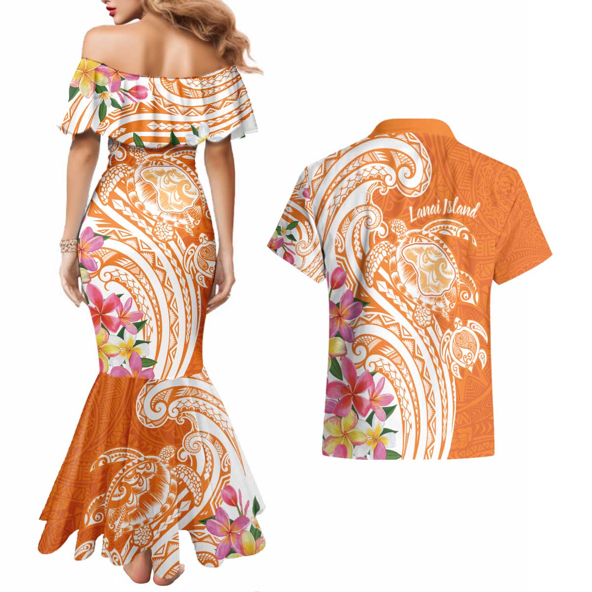 Aloha Lanai Island Personalized Couples Matching Mermaid Dress and Hawaiian Shirt Orange Dreamy Turtle