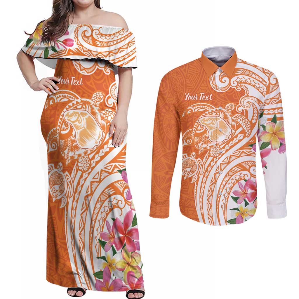 Aloha Lanai Island Personalized Couples Matching Off Shoulder Maxi Dress and Long Sleeve Button Shirt Orange Dreamy Turtle