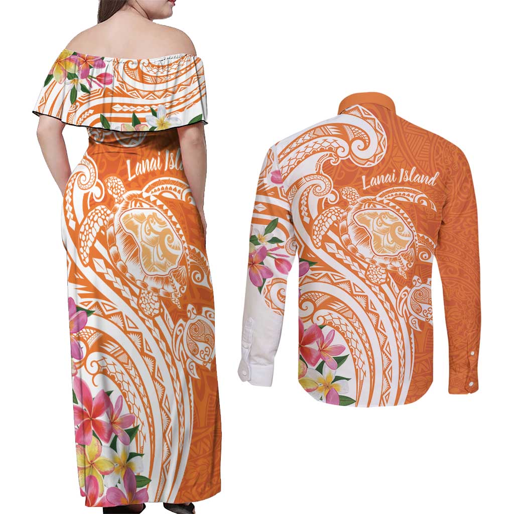 Aloha Lanai Island Personalized Couples Matching Off Shoulder Maxi Dress and Long Sleeve Button Shirt Orange Dreamy Turtle