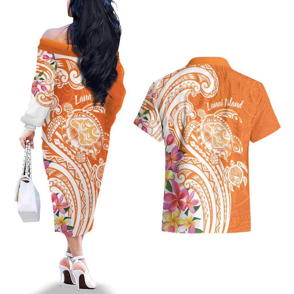 Aloha Lanai Island Personalized Couples Matching Off The Shoulder Long Sleeve Dress and Hawaiian Shirt Orange Dreamy Turtle