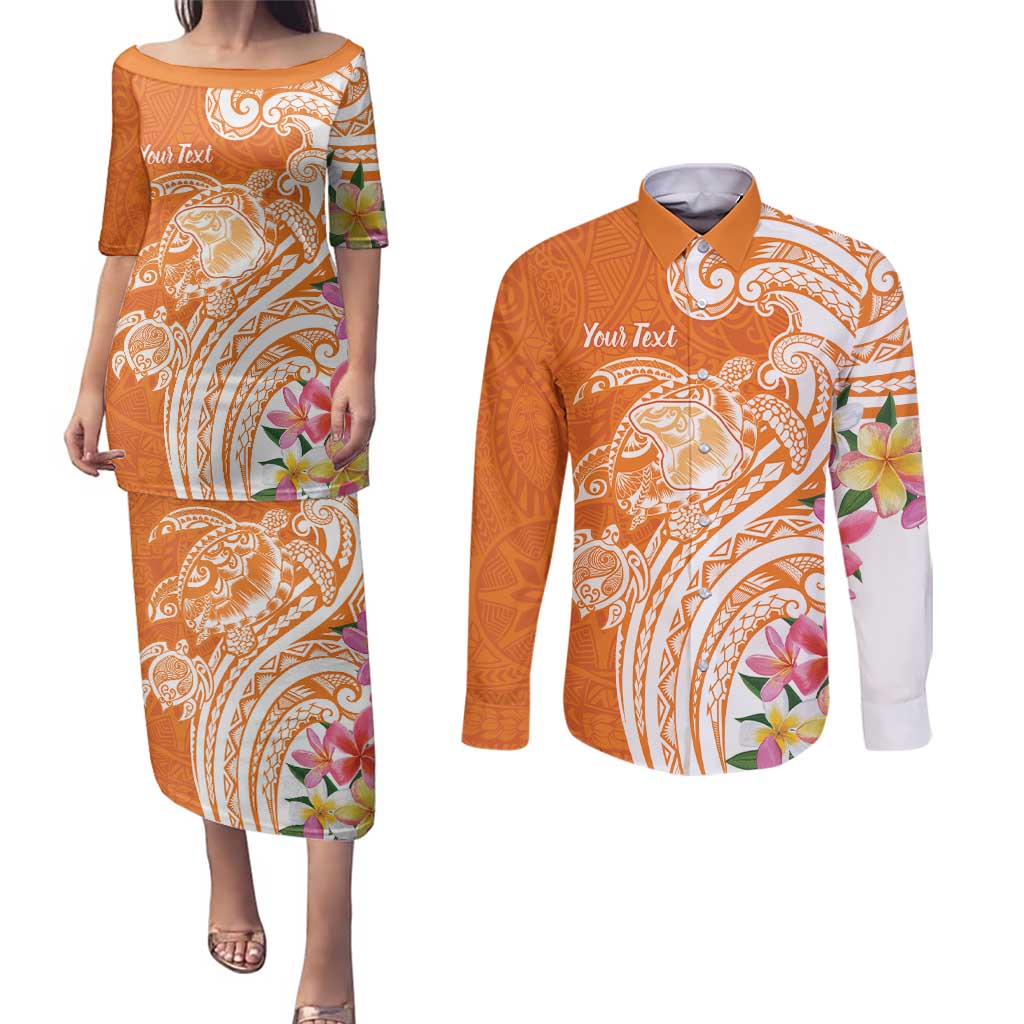 Aloha Lanai Island Personalized Couples Matching Puletasi and Long Sleeve Button Shirt Orange Dreamy Turtle