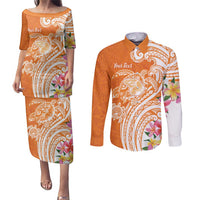 Aloha Lanai Island Personalized Couples Matching Puletasi and Long Sleeve Button Shirt Orange Dreamy Turtle