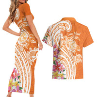 Aloha Lanai Island Personalized Couples Matching Short Sleeve Bodycon Dress and Hawaiian Shirt Orange Dreamy Turtle