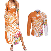 Aloha Lanai Island Personalized Couples Matching Summer Maxi Dress and Long Sleeve Button Shirt Orange Dreamy Turtle