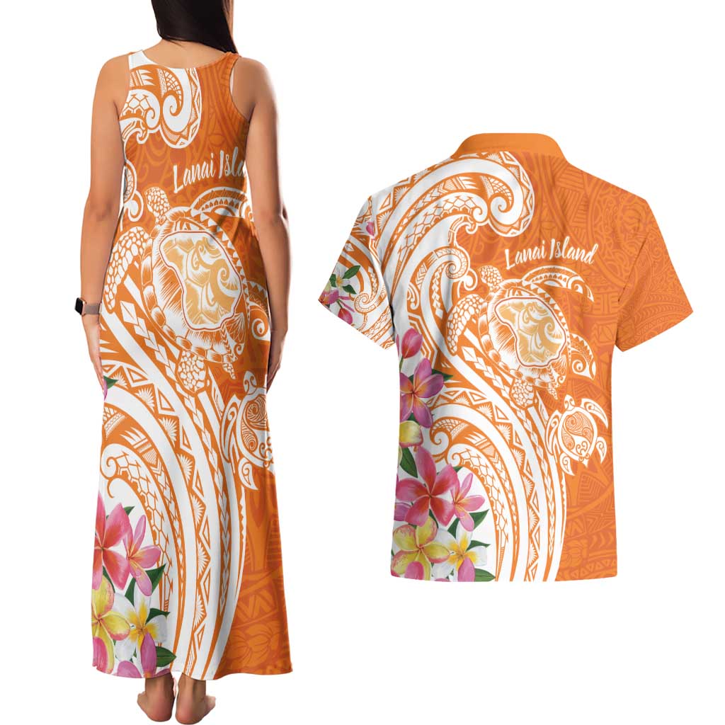 Aloha Lanai Island Personalized Couples Matching Tank Maxi Dress and Hawaiian Shirt Orange Dreamy Turtle