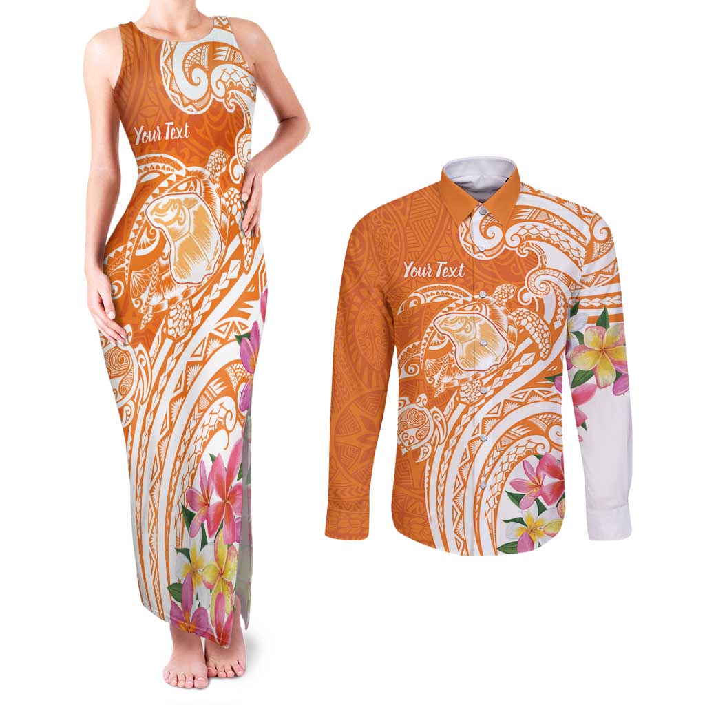 Aloha Lanai Island Personalized Couples Matching Tank Maxi Dress and Long Sleeve Button Shirt Orange Dreamy Turtle