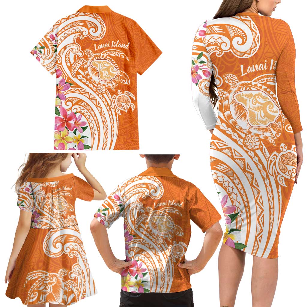 Aloha Lanai Island Personalized Family Matching Long Sleeve Bodycon Dress and Hawaiian Shirt Orange Dreamy Turtle