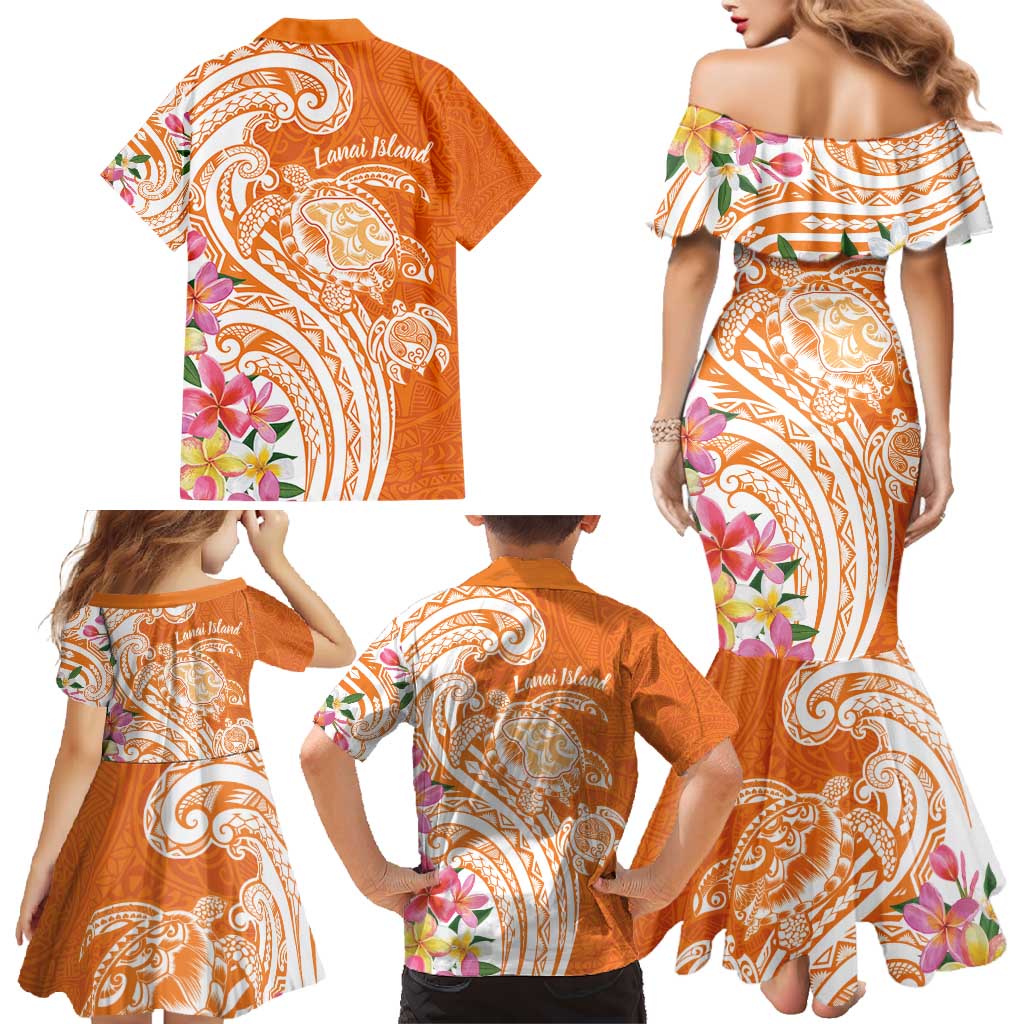 Aloha Lanai Island Personalized Family Matching Mermaid Dress and Hawaiian Shirt Orange Dreamy Turtle