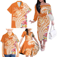 Aloha Lanai Island Personalized Family Matching Off The Shoulder Long Sleeve Dress and Hawaiian Shirt Orange Dreamy Turtle
