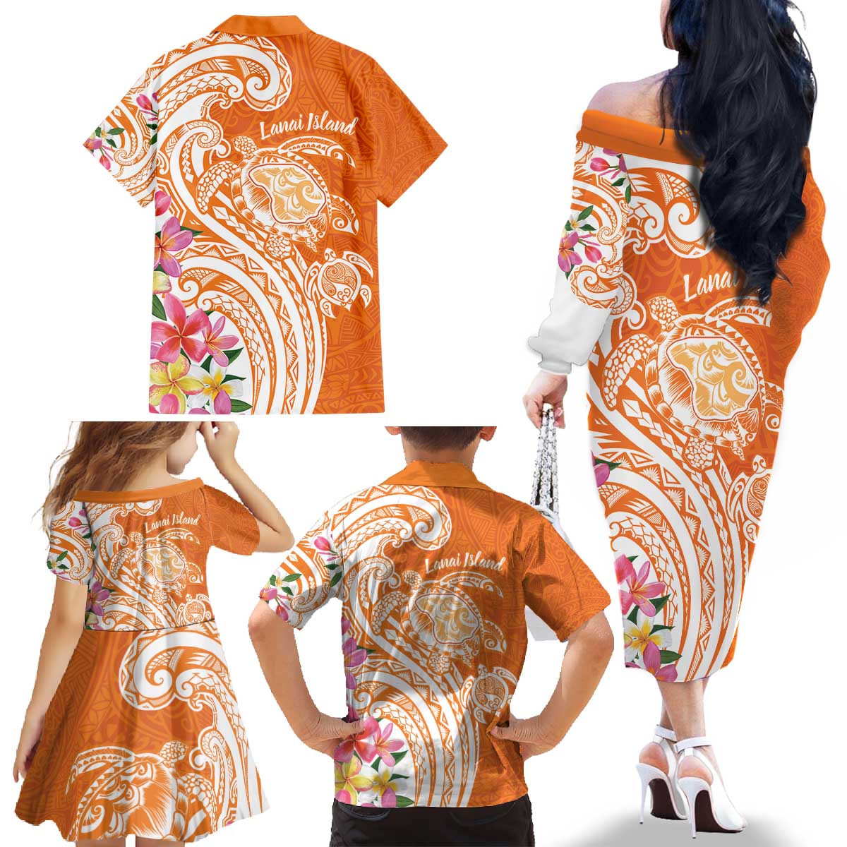 Aloha Lanai Island Personalized Family Matching Off The Shoulder Long Sleeve Dress and Hawaiian Shirt Orange Dreamy Turtle