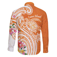 Aloha Lanai Island Personalized Family Matching Off The Shoulder Long Sleeve Dress and Hawaiian Shirt Orange Dreamy Turtle