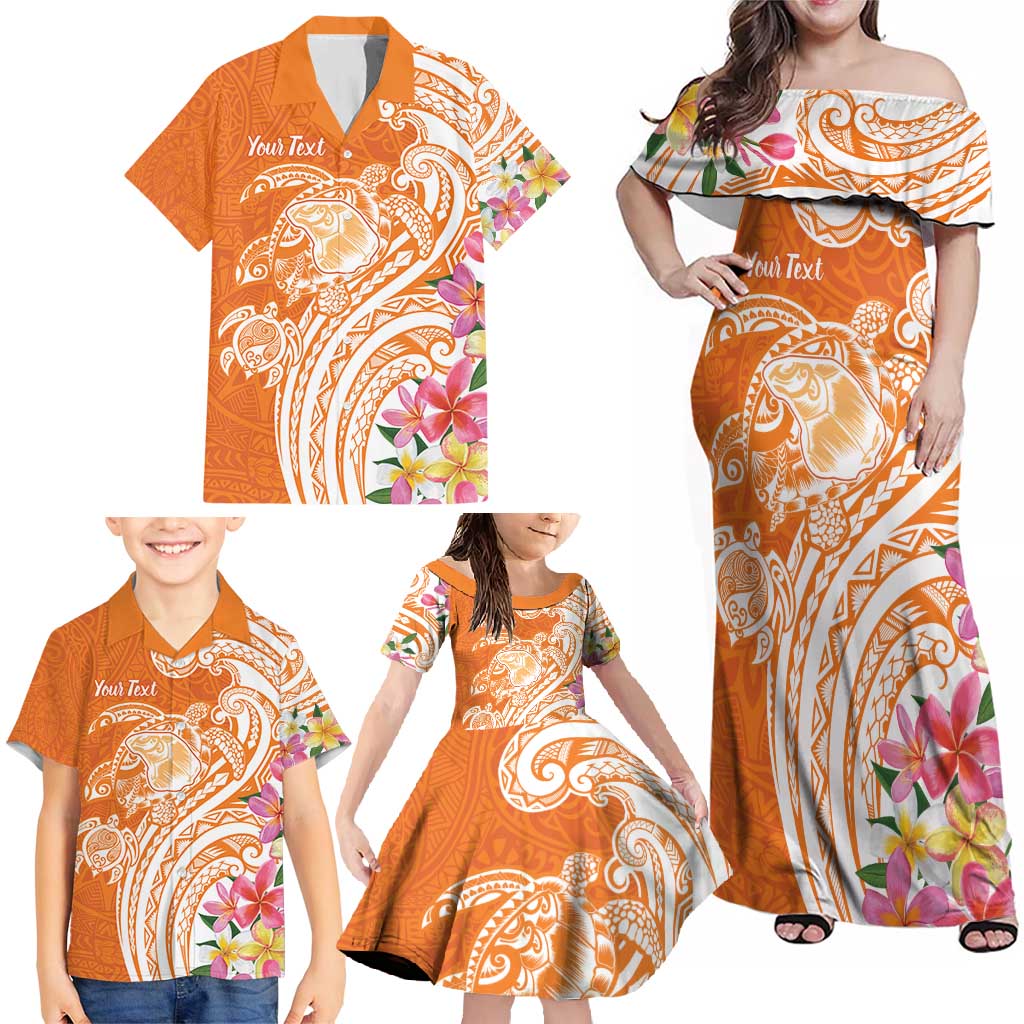 Aloha Lanai Island Personalized Family Matching Off Shoulder Maxi Dress and Hawaiian Shirt Orange Dreamy Turtle
