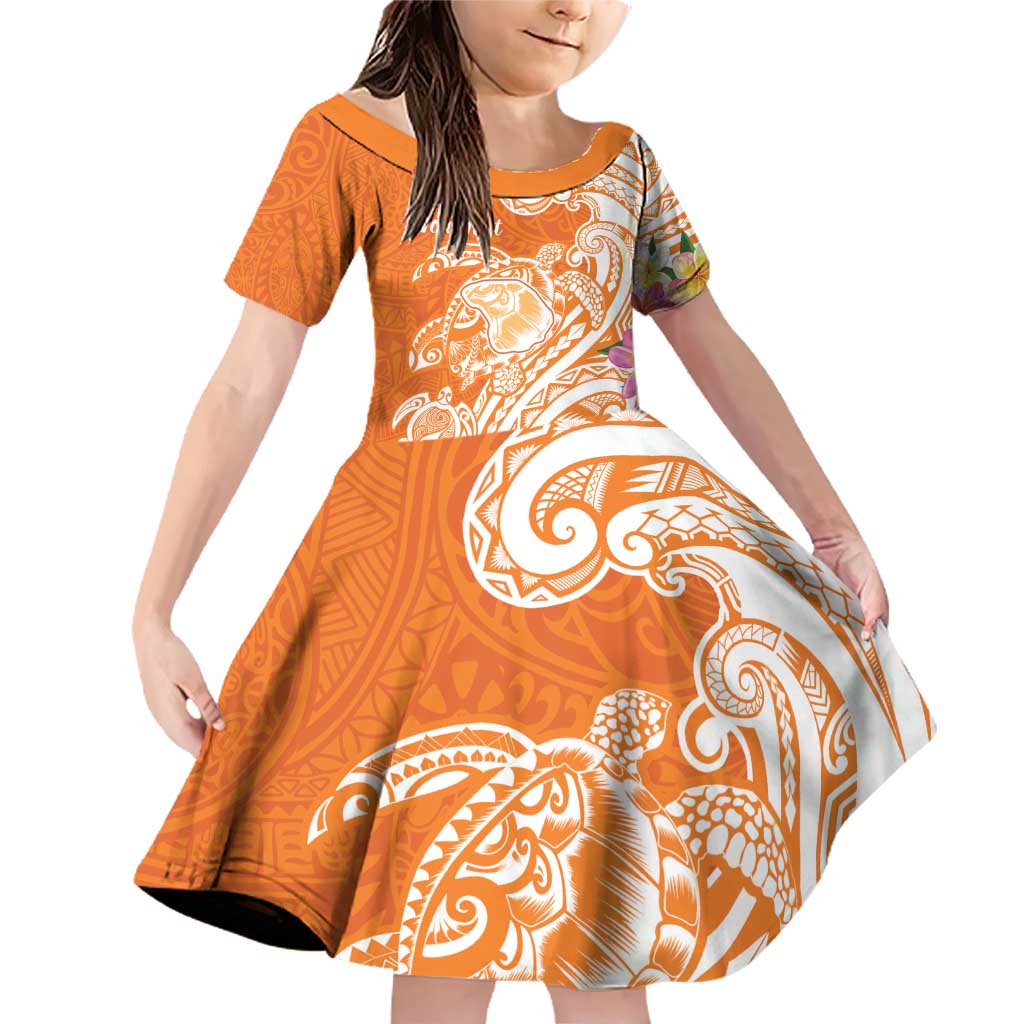 Aloha Lanai Island Personalized Family Matching Off Shoulder Short Dress and Hawaiian Shirt Orange Dreamy Turtle