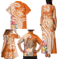 Aloha Lanai Island Personalized Family Matching Tank Maxi Dress and Hawaiian Shirt Orange Dreamy Turtle