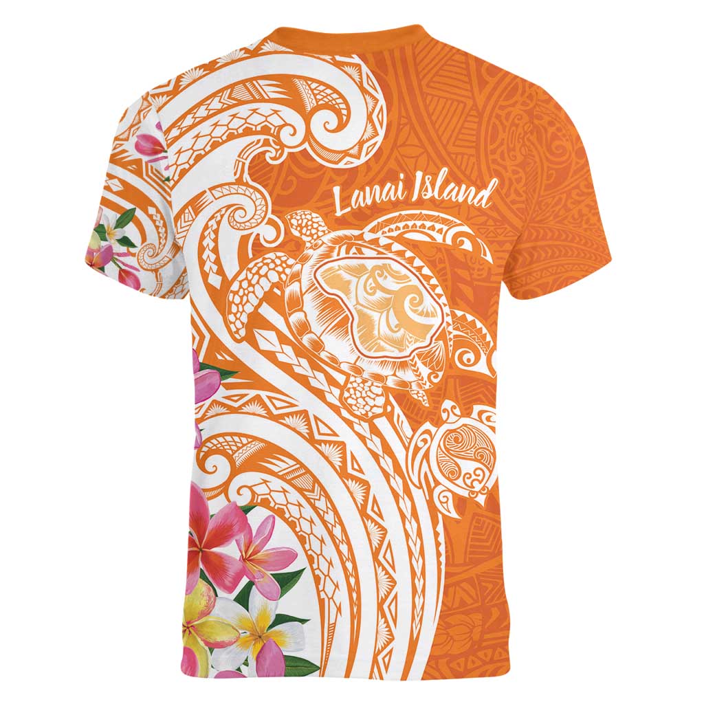 Aloha Lanai Island Personalized Women V-Neck T-Shirt Orange Dreamy Turtle