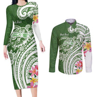 Aloha Molokai Island Personalized Couples Matching Long Sleeve Bodycon Dress and Long Sleeve Button Shirt Sage Dreamy Turtle