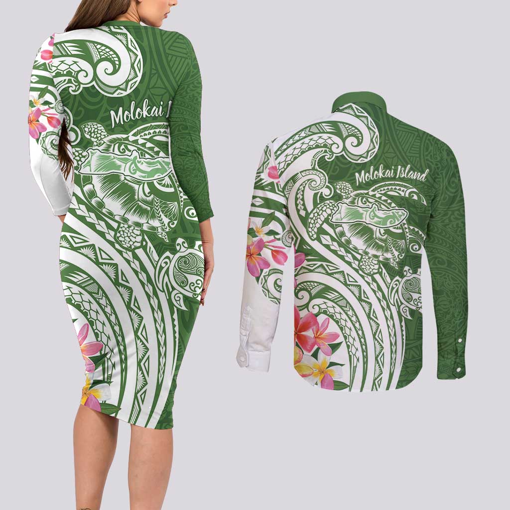 Aloha Molokai Island Personalized Couples Matching Long Sleeve Bodycon Dress and Long Sleeve Button Shirt Sage Dreamy Turtle