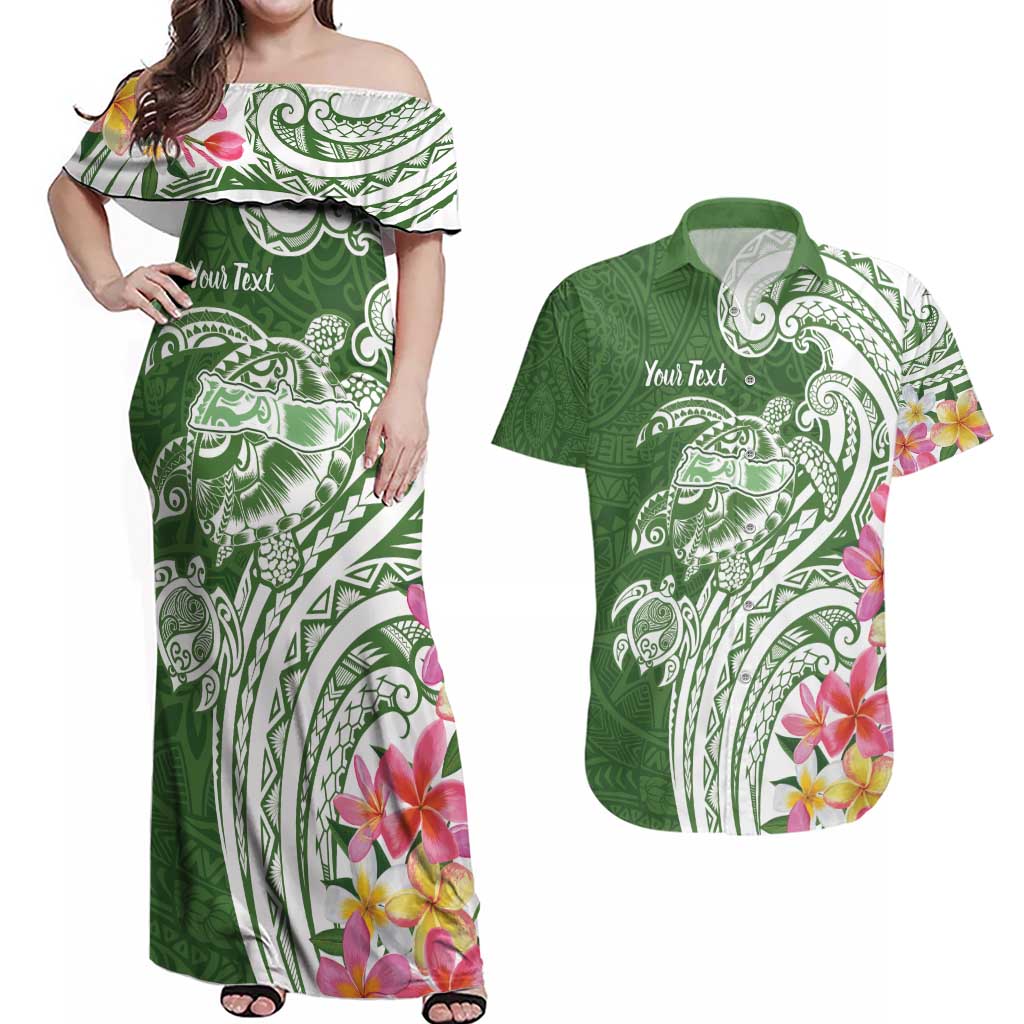 Aloha Molokai Island Personalized Couples Matching Off Shoulder Maxi Dress and Hawaiian Shirt Sage Dreamy Turtle