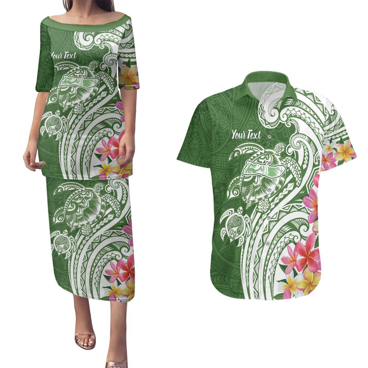 Aloha Molokai Island Personalized Couples Matching Puletasi and Hawaiian Shirt Sage Dreamy Turtle