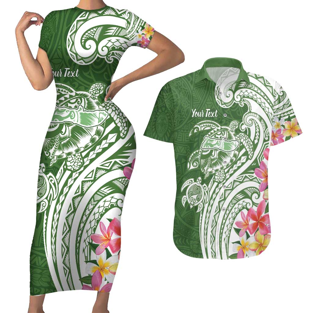 Aloha Molokai Island Personalized Couples Matching Short Sleeve Bodycon Dress and Hawaiian Shirt Sage Dreamy Turtle