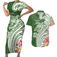 Aloha Molokai Island Personalized Couples Matching Short Sleeve Bodycon Dress and Hawaiian Shirt Sage Dreamy Turtle