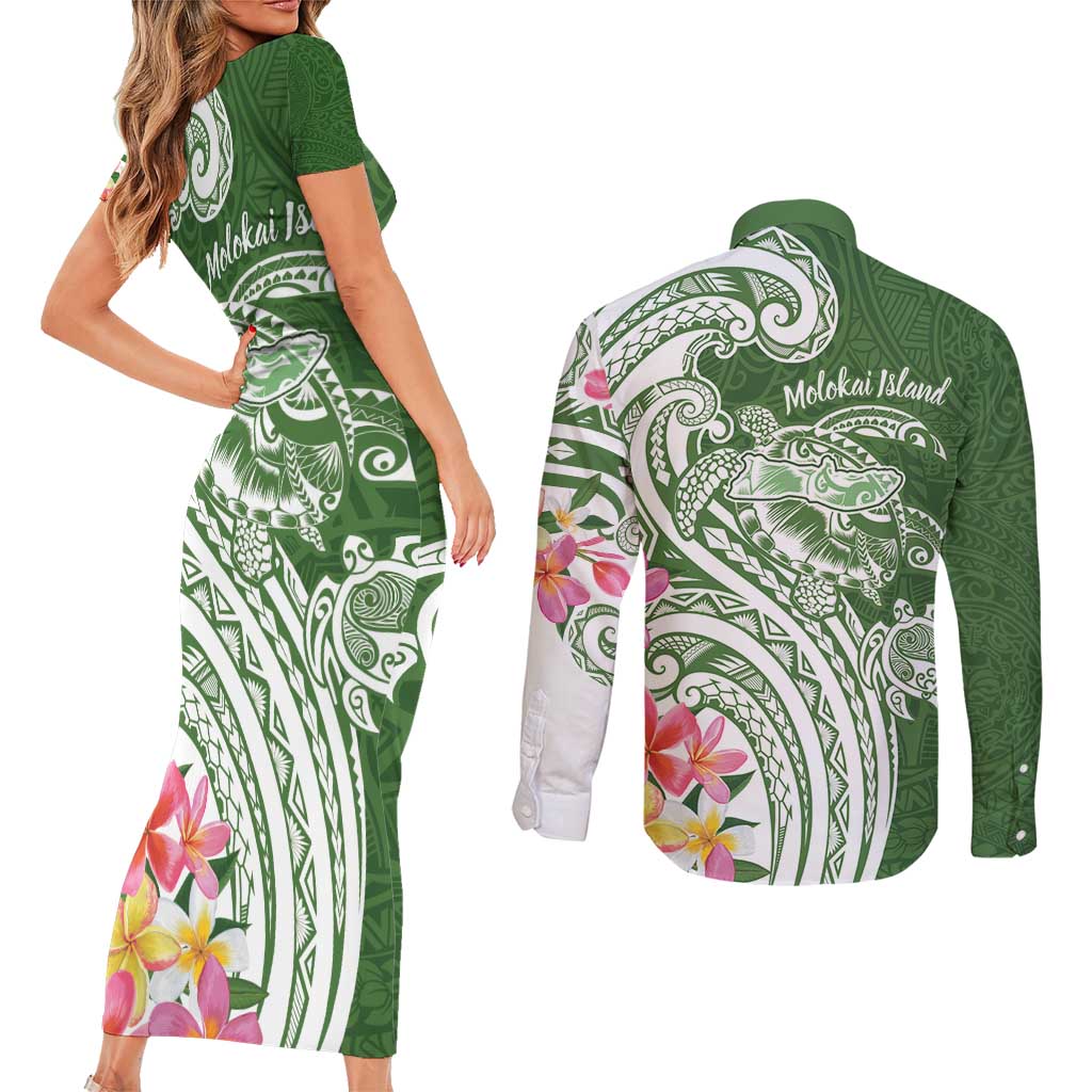 Aloha Molokai Island Personalized Couples Matching Short Sleeve Bodycon Dress and Long Sleeve Button Shirt Sage Dreamy Turtle