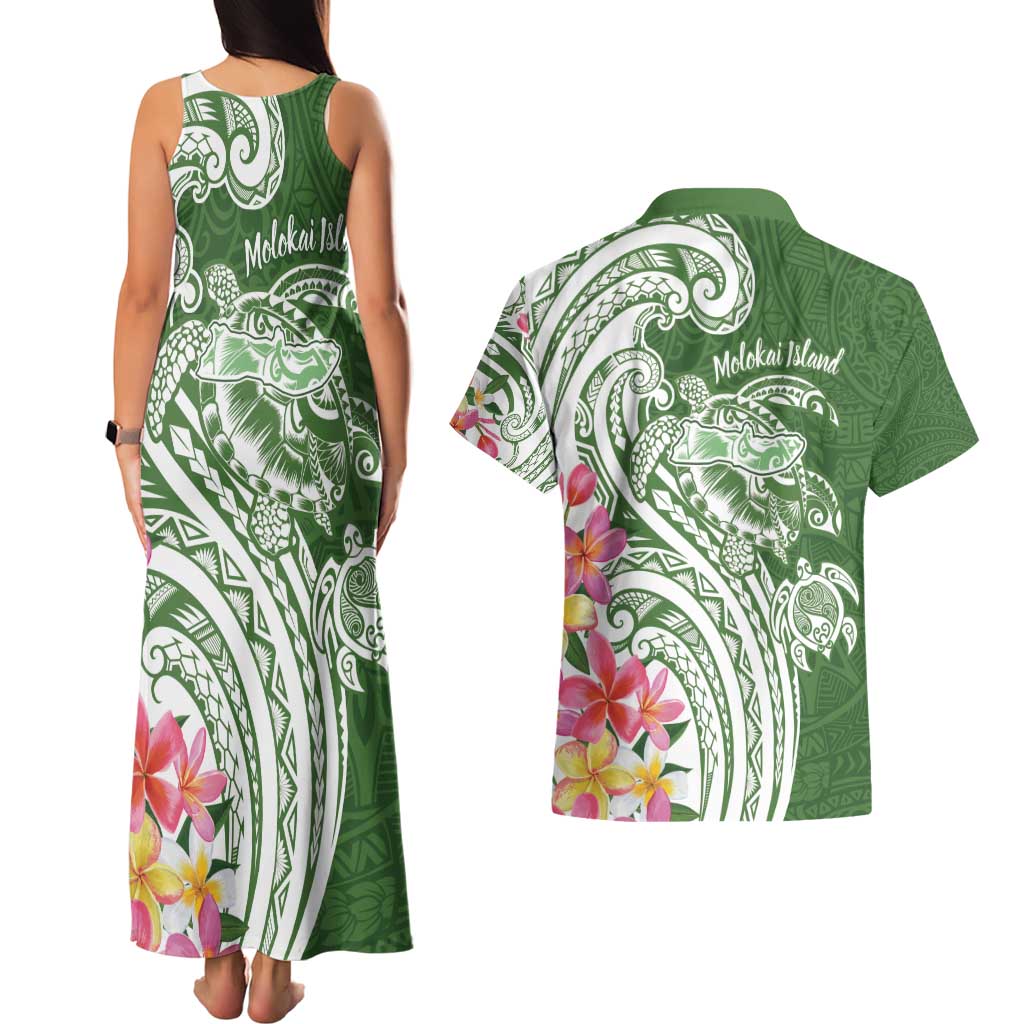 Aloha Molokai Island Personalized Couples Matching Tank Maxi Dress and Hawaiian Shirt Sage Dreamy Turtle