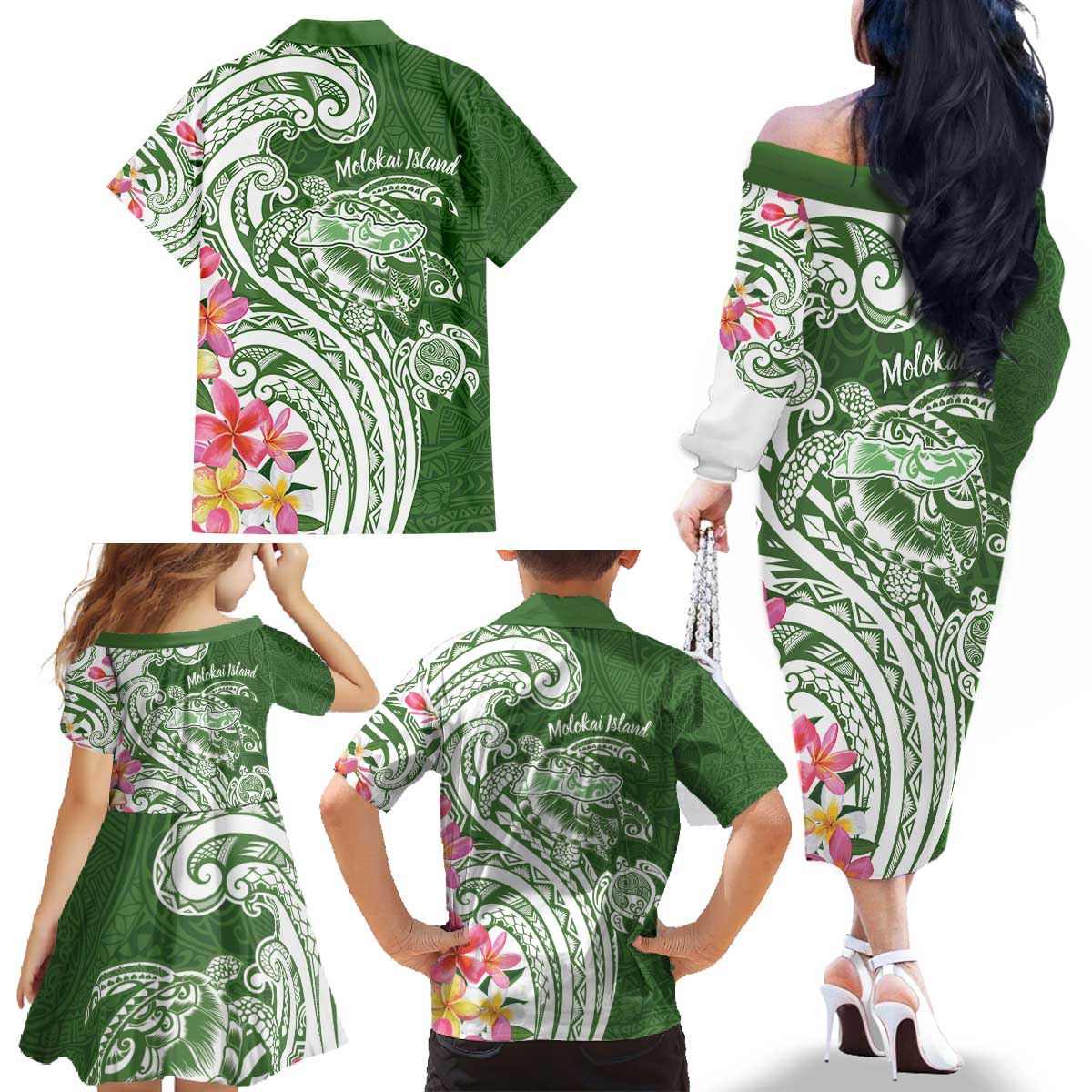 Aloha Molokai Island Personalized Family Matching Off The Shoulder Long Sleeve Dress and Hawaiian Shirt Sage Dreamy Turtle