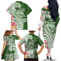 Aloha Molokai Island Personalized Family Matching Off The Shoulder Long Sleeve Dress and Hawaiian Shirt Sage Dreamy Turtle