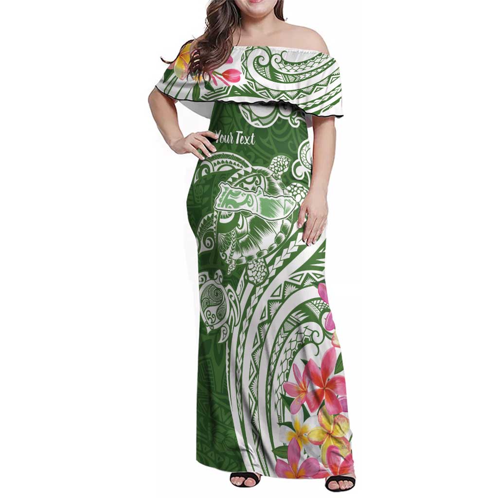 Aloha Molokai Island Personalized Family Matching Off Shoulder Maxi Dress and Hawaiian Shirt Sage Dreamy Turtle