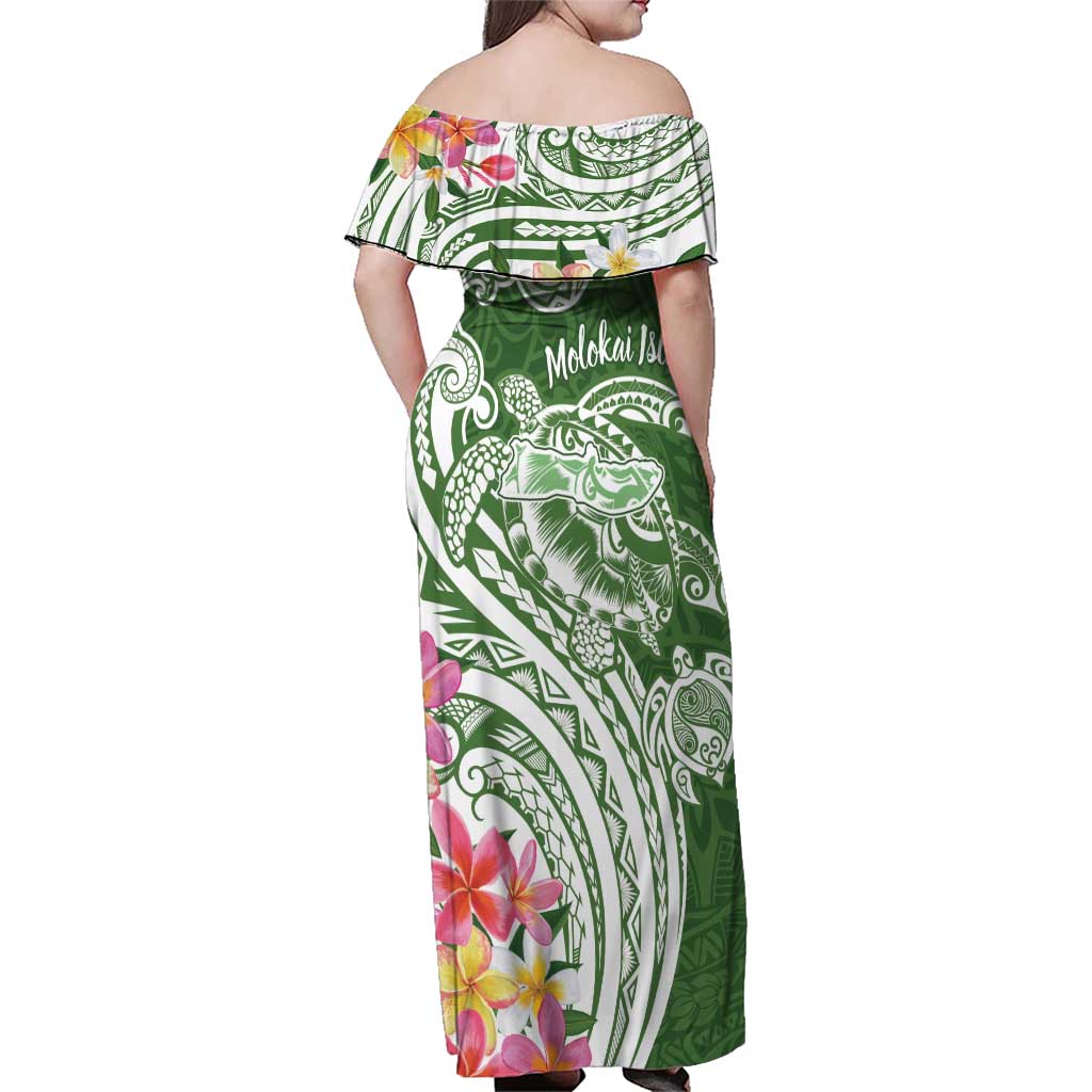 Aloha Molokai Island Personalized Family Matching Off Shoulder Maxi Dress and Hawaiian Shirt Sage Dreamy Turtle