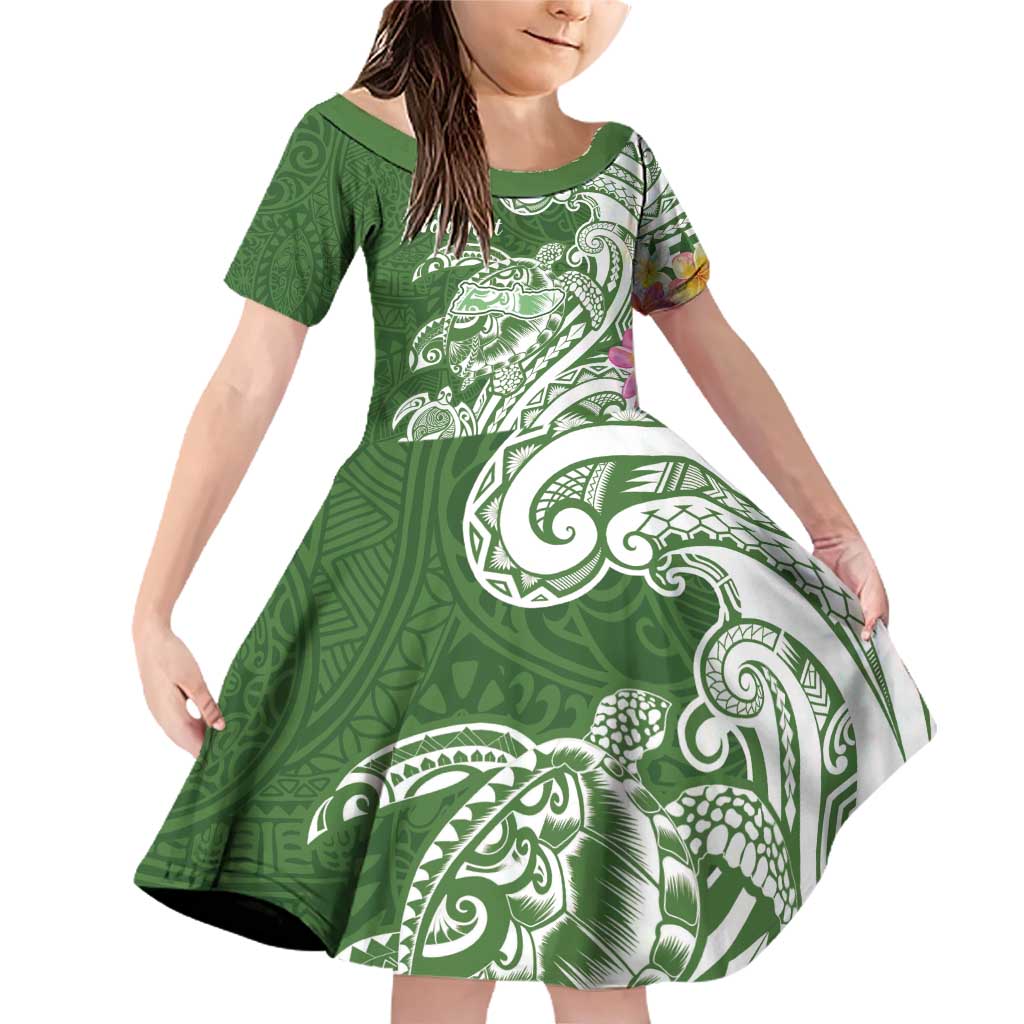 Aloha Molokai Island Personalized Family Matching Off Shoulder Short Dress and Hawaiian Shirt Sage Dreamy Turtle