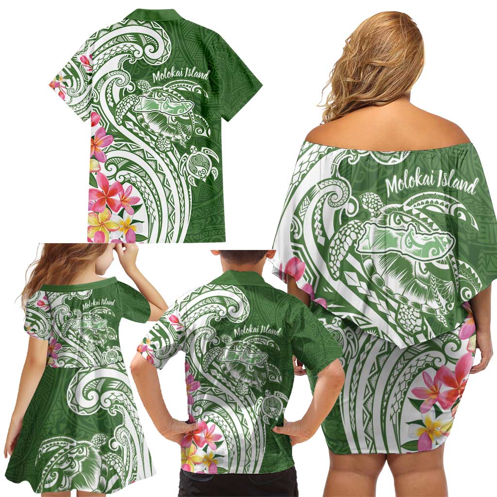 Aloha Molokai Island Personalized Family Matching Off Shoulder Short Dress and Hawaiian Shirt Sage Dreamy Turtle