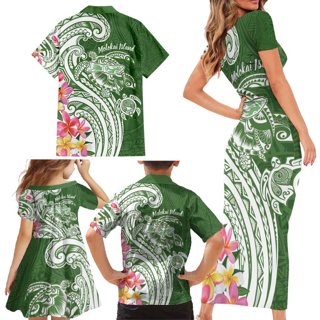 Aloha Molokai Island Personalized Family Matching Short Sleeve Bodycon Dress and Hawaiian Shirt Sage Dreamy Turtle