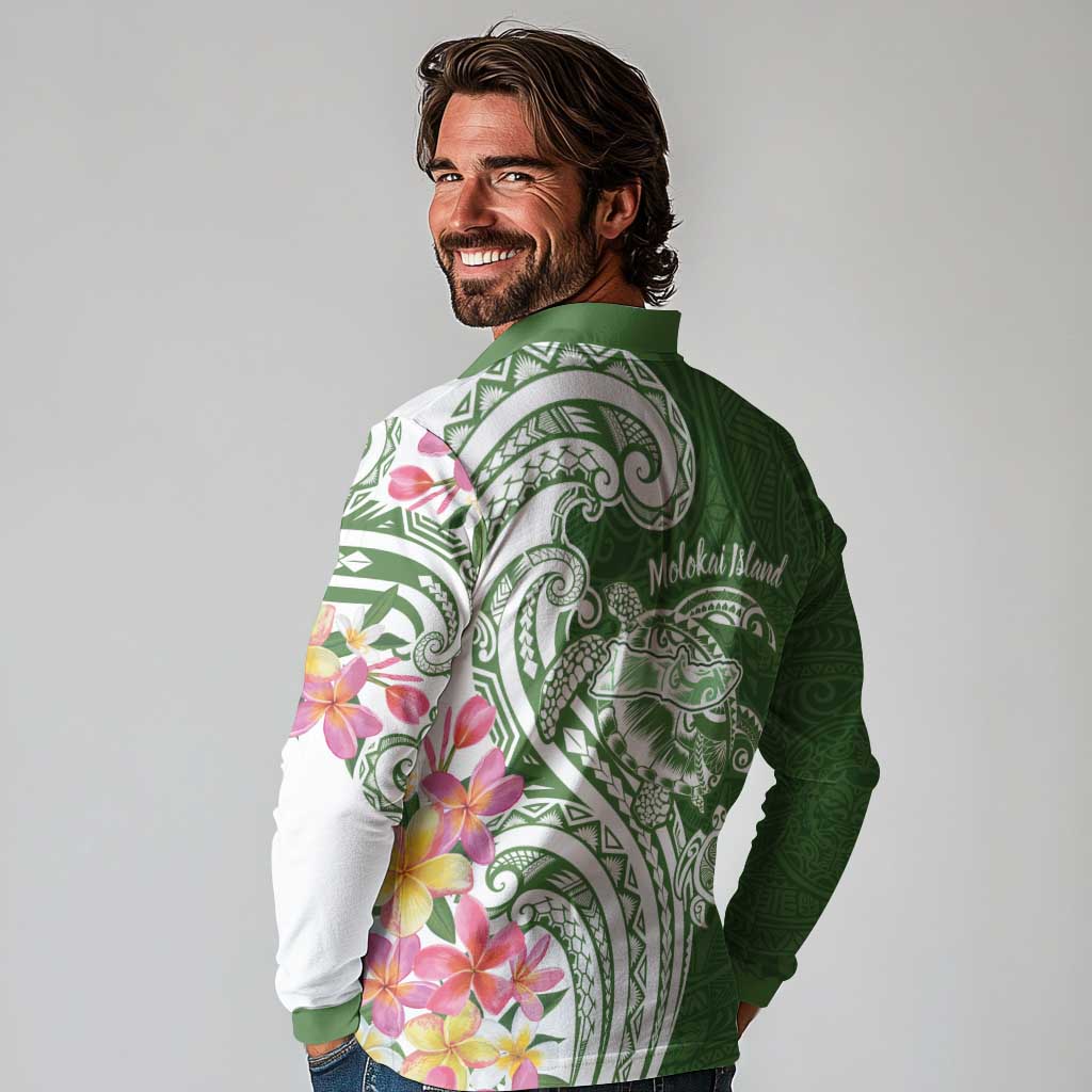 Aloha Molokai Island Personalized Long Sleeve Polo Shirt Sage Dreamy Turtle