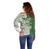 Aloha Molokai Island Personalized Off Shoulder Sweater Sage Dreamy Turtle