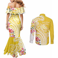 Aloha Oahu Island Personalized Couples Matching Mermaid Dress and Long Sleeve Button Shirt Yellow Dreamy Turtle