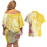 Aloha Oahu Island Personalized Couples Matching Off Shoulder Short Dress and Hawaiian Shirt Yellow Dreamy Turtle