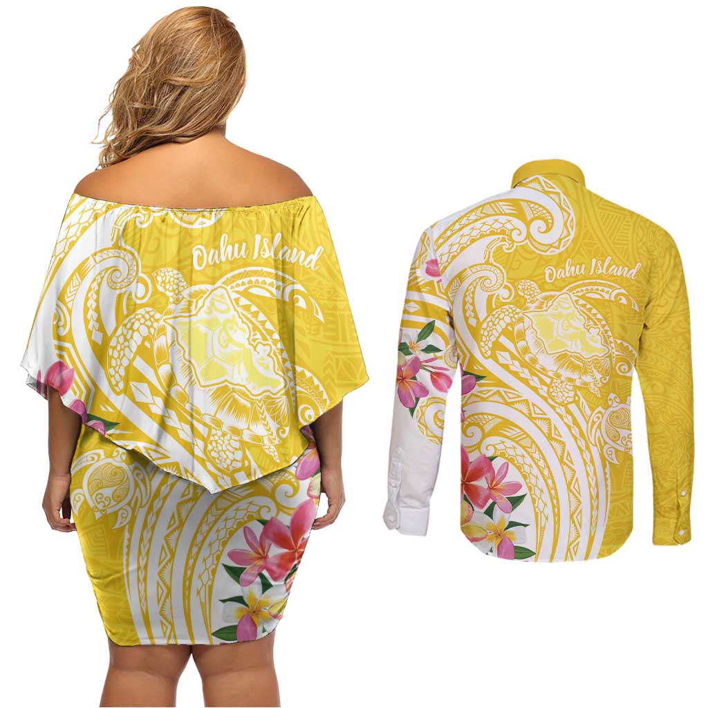 Aloha Oahu Island Personalized Couples Matching Off Shoulder Short Dress and Long Sleeve Button Shirt Yellow Dreamy Turtle