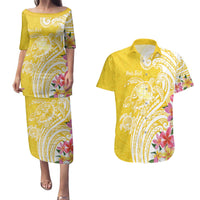 Aloha Oahu Island Personalized Couples Matching Puletasi and Hawaiian Shirt Yellow Dreamy Turtle