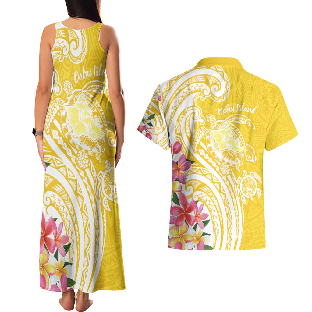 Aloha Oahu Island Personalized Couples Matching Tank Maxi Dress and Hawaiian Shirt Yellow Dreamy Turtle