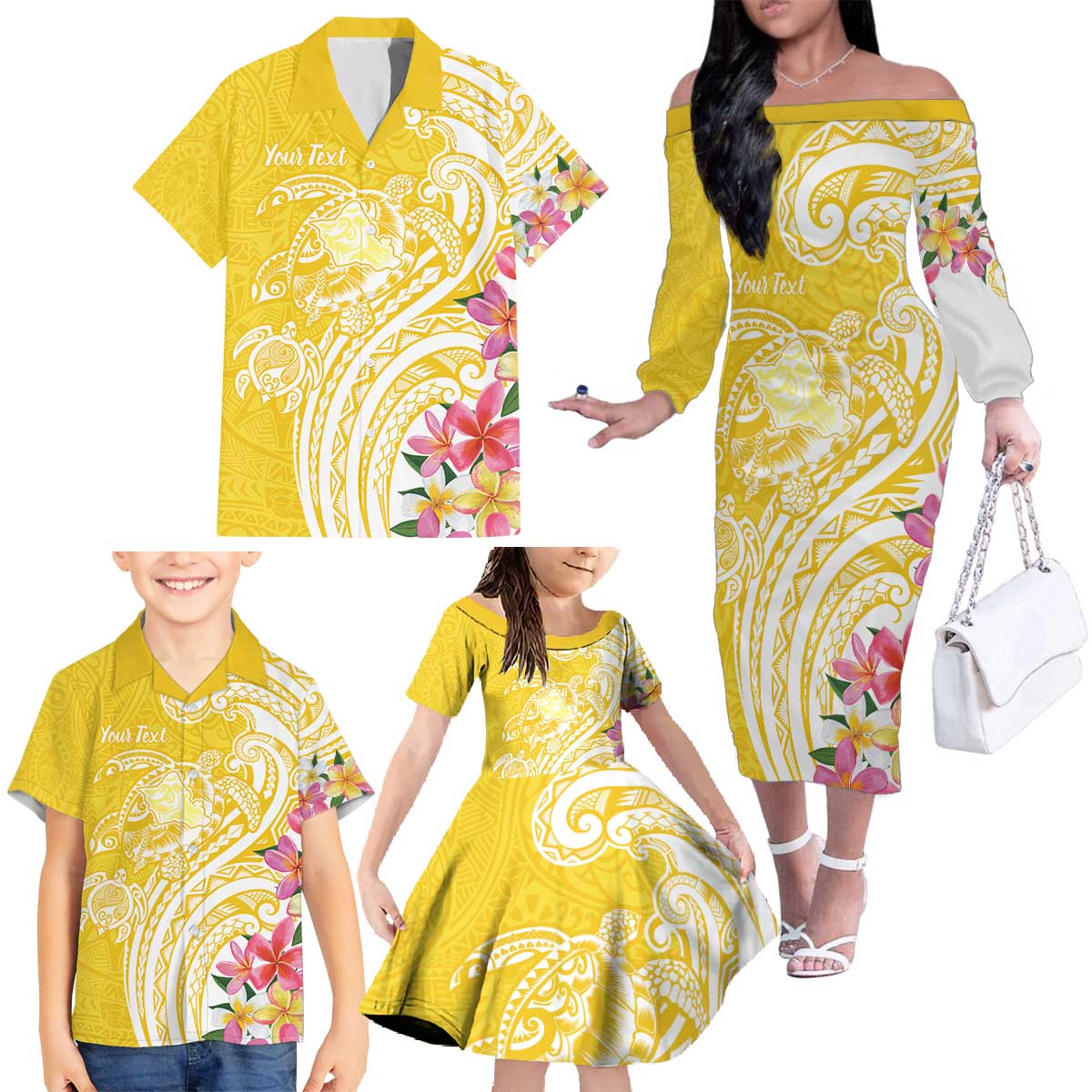Aloha Oahu Island Personalized Family Matching Off The Shoulder Long Sleeve Dress and Hawaiian Shirt Yellow Dreamy Turtle