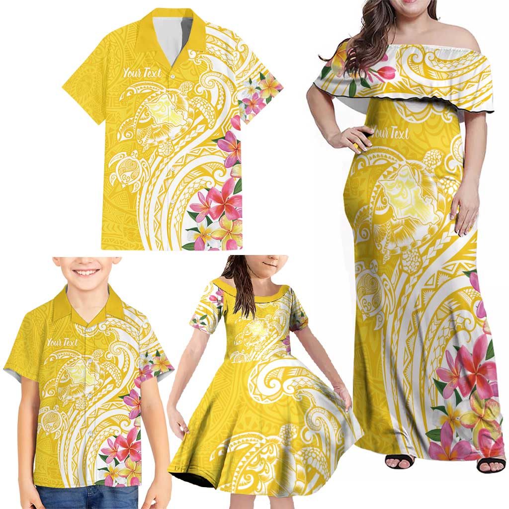 Aloha Oahu Island Personalized Family Matching Off Shoulder Maxi Dress and Hawaiian Shirt Yellow Dreamy Turtle